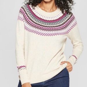 a new day Women's Fair Isle Sweater - Cream and Purple